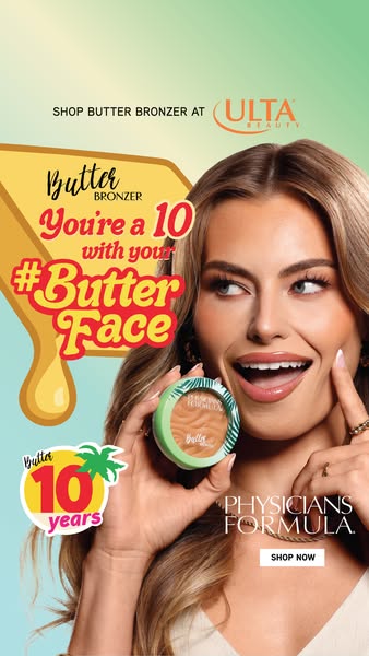 This image ad for Physicians Formula Butter Bronzer features a light-skinned woman holding the product and smiling. The 