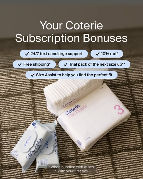 This ad promotes the Coterie diaper subscription service by highlighting the bonuses that come with it. It features a st