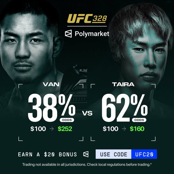 This ad is for Polymarket, a platform where users can trade on future events. It features two fighters, VAN and TAIRA, f