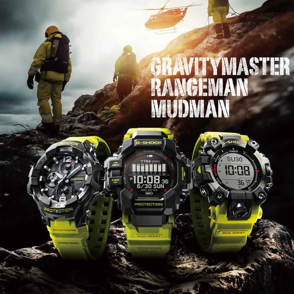 This ad showcases three G-Shock watches (Gravitymaster, Rangeman, and Mudman) in a rugged outdoor setting, emphasizing t