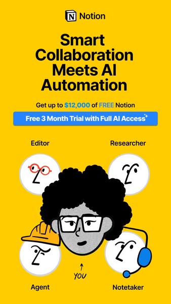 This ad promotes Notion's smart collaboration and AI automation features, offering a free trial with full AI access 