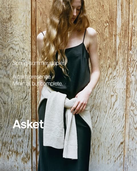 This ad features a woman in a slip dress with a sweater tied around her waist. Text overlay includes the brand name and 