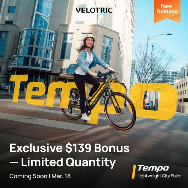 This ad for Velotric promotes their Tempo lightweight city ebike as a new release. The ad features a woman riding the bi