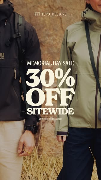 This image ad for Topo Designs promotes a Memorial Day Sale offering 30% off sitewide, targeting outdoor enthusiasts wit