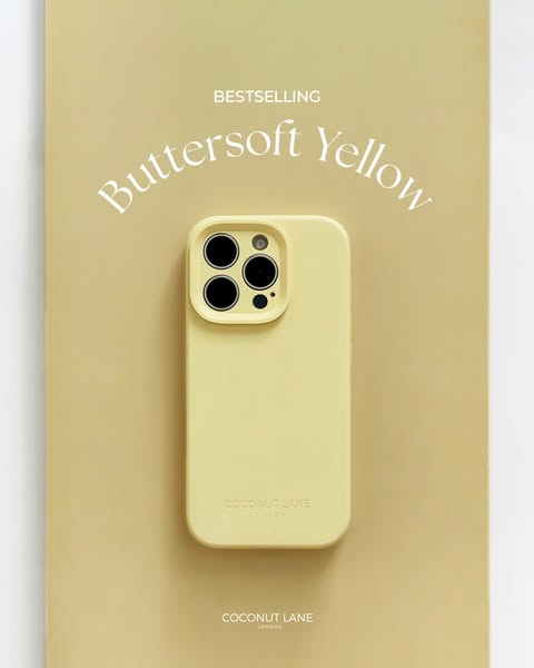This ad showcases a Coconut Lane phone case in a butter-soft yellow color. The ad highlights the phone case's sleek 