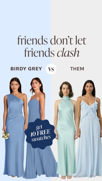 This image ad compares Birdy Grey bridesmaid dresses with other brands, highlighting the brand's superior color coor