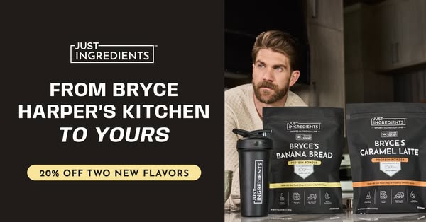 This image ad features Just Ingredients protein powder and a celebrity association to promote two new flavors while offe