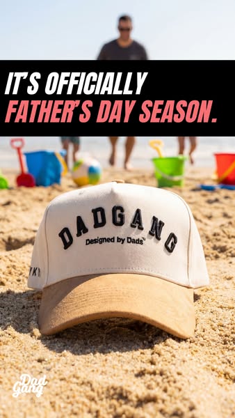 This image promotes Dad Gang hats for Father's Day, highlighting a hat on a beach with a blurred background of a fat