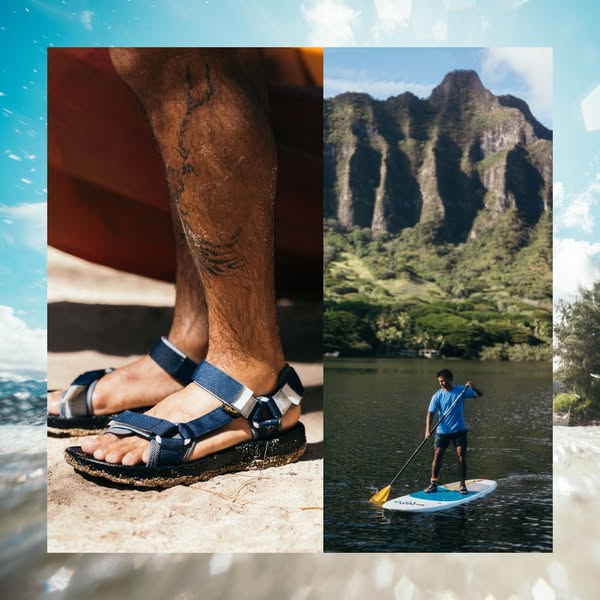 This ad showcases men's sandals in a split screen format, contrasting an outdoor activity with a detailed shot of th