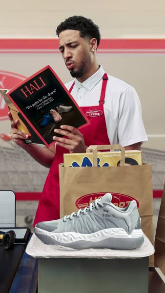 This image ad features Puma-sponsored NBA player Tyrese Haliburton as a cashier reading a magazine with himself on the c