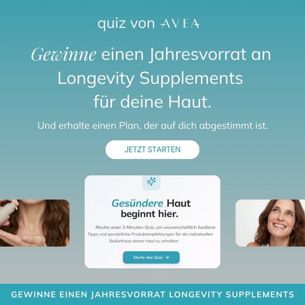 This image ad promotes AVEA, a brand offering longevity supplements for skin health, through a quiz that provides person