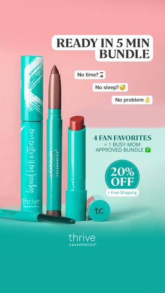 This image ad for Thrive Causemetics features a bundle of four makeup products, emphasizes quick and easy application fo