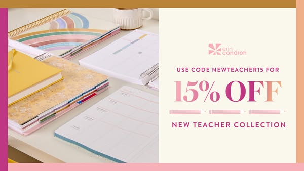This ad for Erin Condren promotes their New Teacher Collection with a discount code. The ad shows a flatlay arrangement 