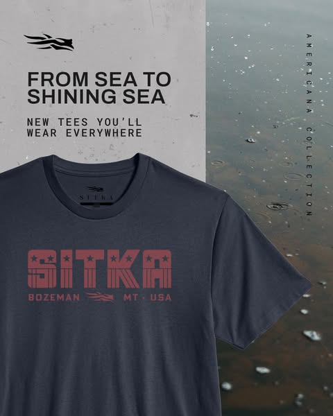 This ad showcases a Sitka brand t-shirt, emphasizing its 'Americana Collection' theme and suitability for everyd