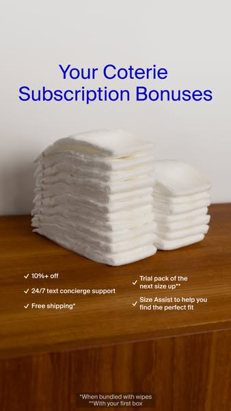 This image ad highlights the benefits and incentives of subscribing to Coterie's diaper service.