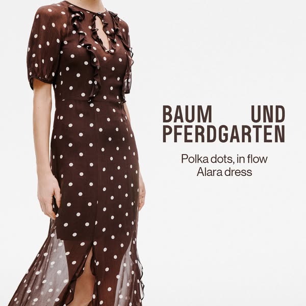 This image ad showcases the Baum und Pferdgarten Alara dress, emphasizing its polka dot design and flowy style. The ad p