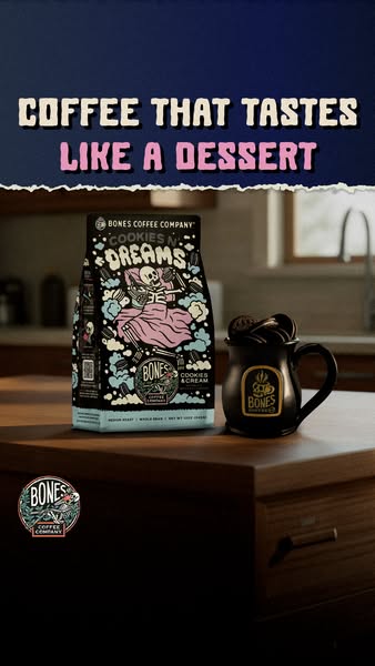A single image ad featuring Bones Coffee Company's Cookies N' Dreams coffee. The ad emphasizes the dessert-like 