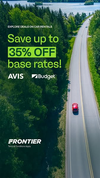 This image ad highlights a discount offer of up to 35% off on base rates for car rentals through Avis and Budget, promot