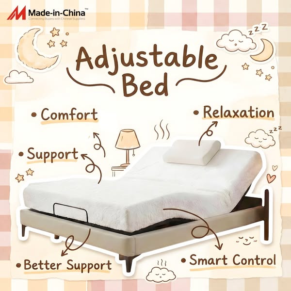 This ad showcases an adjustable bed from Made-in-China.com, highlighting its features such as comfort, support, relaxati