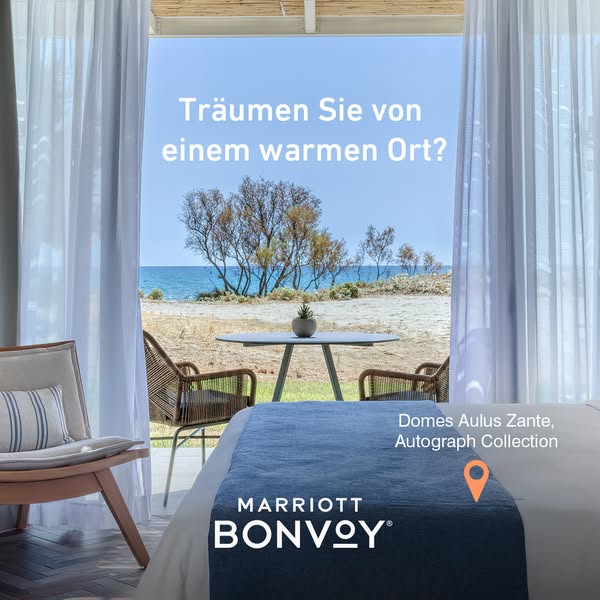 This ad promotes Marriott Bonvoy's Domes Aulus Zante, Autograph Collection, inviting viewers to dream of a warm plac