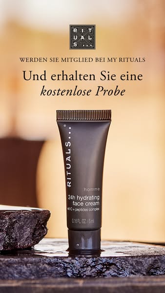 This ad is for Rituals' Homme 24h hydrating face cream. It offers a free sample upon joining the My Rituals membersh