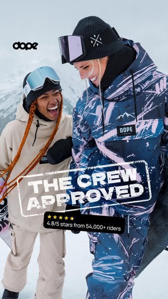 This Meta image ad for Dope Snow features two snowboarders on a snowy mountain, both wearing outerwear from the brand. T