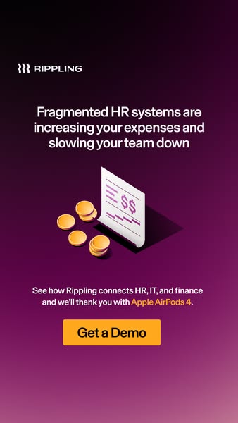 This ad for Rippling highlights the problem of fragmented HR systems and offers a demo of their product as a solution, i