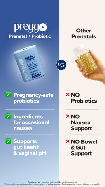 The ad compares preggo Prenatal + Probiotic supplements to other prenatal supplements, highlighting the added benefits o