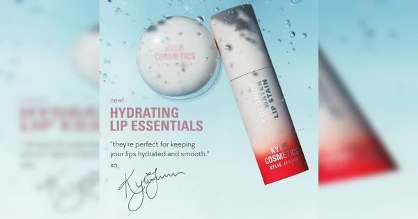 This ad promotes Kylie Cosmetics' Hydrating Lip Essentials using a product shot and a testimonial from Kylie Jenner.