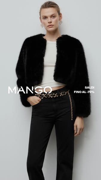 This Mango ad features a model wearing a black fur jacket and black jeans, accessorized with a chain belt. The ad highli