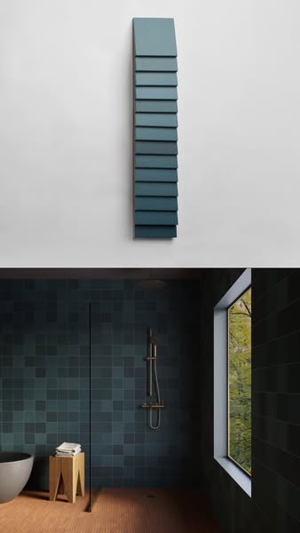 This ad is split into two halves. The top half shows a variety of blue paint swatches against a white wall. The bottom h