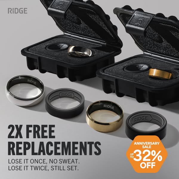 This image ad for Ridge promotes their rings and offers free replacements and an anniversary sale. The ad emphasizes dur
