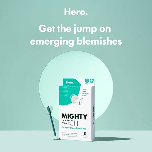 The ad features Mighty Patch, designed to tackle emerging blemishes early. It employs a clean, minimalist aesthetic with