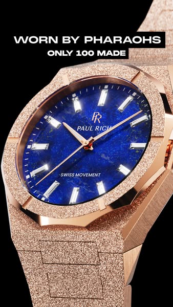Close up of a rose gold Paul Rich watch against a black background. The ad is promoting that only 100 of this style of w