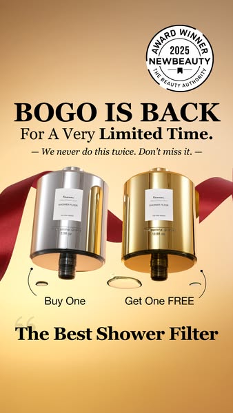 This ad promotes a limited-time BOGO deal on shower filters and positions them as an award-winning beauty product.