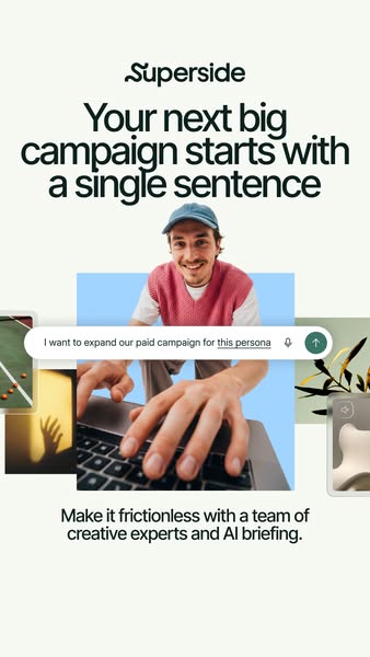 This ad promotes Superside as a solution to marketing campaign creative production. The ad features a person typing a re