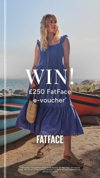 An ad for FatFace promoting a contest in which the winner will receive a £250 e-voucher to their store. The ad features 