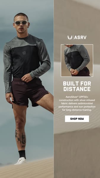 This ad for ASRV features a man wearing athletic wear, specifically a long-sleeved shirt and shorts, in a desert environ