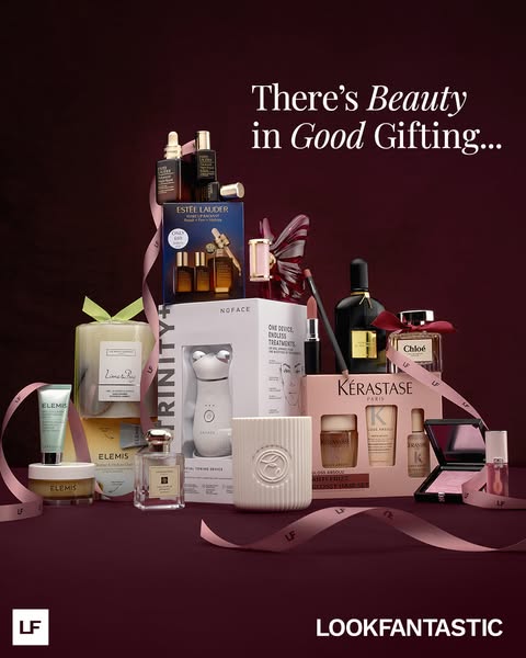 This ad showcases a variety of beauty and skincare products from different brands available at LookFantastic, emphasizin