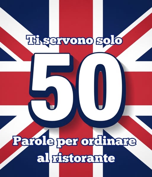 This ad teaches users 50 words to order at a restaurant. It is presented over an image of the United Kingdom flag.