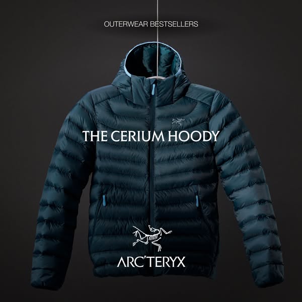 This ad showcases the Arc'teryx Cerium Hoody, highlighting it as an outerwear bestseller. The ad features a minimali