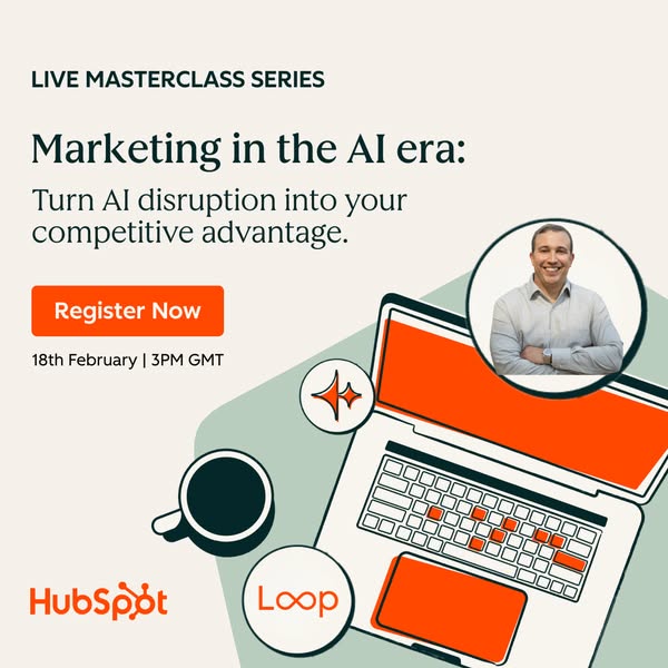 This ad promotes a live masterclass series on marketing in the AI era, emphasizing how to turn AI disruption into a comp