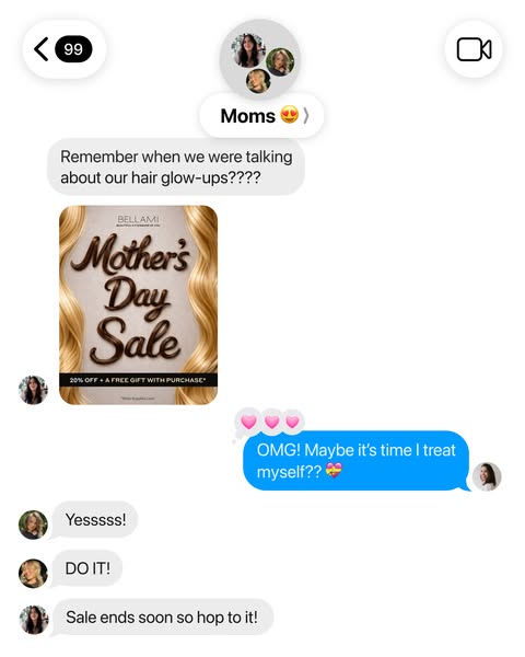 This ad is in the format of a direct message thread between a group of friends who are discussing hair products. One fri