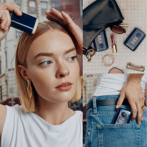 A multi-panel image ad demonstrates the Oribe Hair Care Touch-Up Styler being used on the go. The first panel shows the 