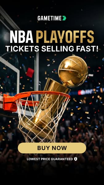 This image ad promotes NBA playoff tickets available for purchase through the Gametime app. It shows a trophy with a bas