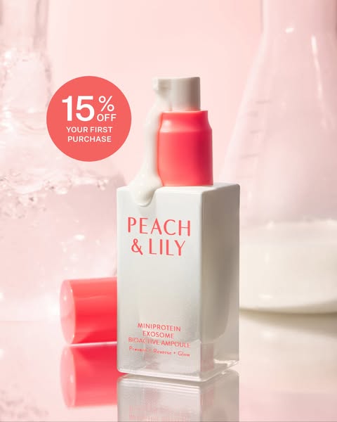 Image ad showcasing Peach & Lily's Mini Protein Exosome Bioactive Ampoule, highlighting its glow-enhancing prope