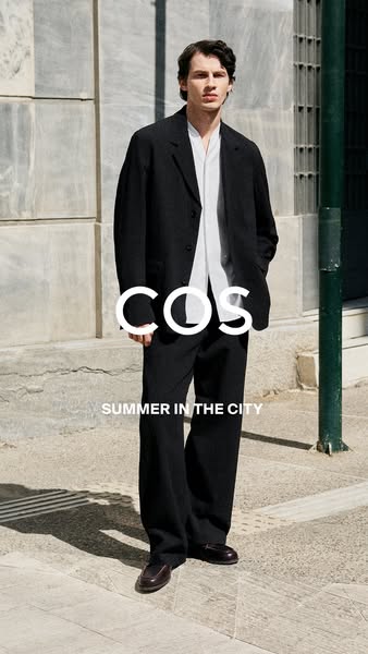 This ad showcases the COS brand and promotes clothing for the summer season.