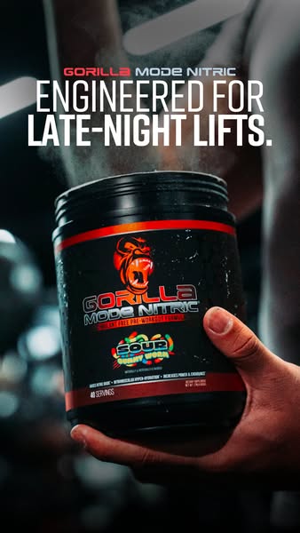 This ad promotes Gorilla Mode Nitric, a stimulant-free pre-workout formula, engineered for late-night lifts.