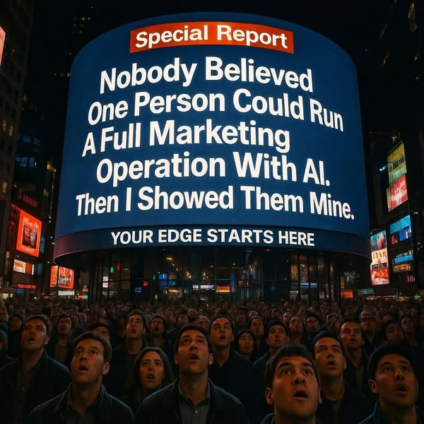 The ad features a large crowd looking up at a billboard that makes a bold claim about one person being able to run a ful