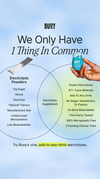 This ad compares Buoy electrolyte supplement to electrolyte powders, highlighting the benefits of Buoy such as no sugar,